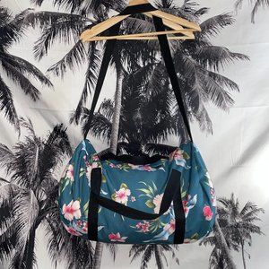 Liquor Brand Giant Tropical Hawaiian Flowers Teal Overnighter Travel Duffle Bag